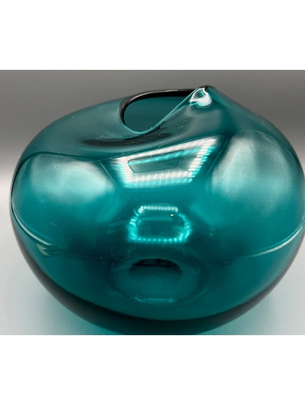 Studio Art Glass Hand Blown Teal Vase Collapsed Pinched Rim Polished Pontil